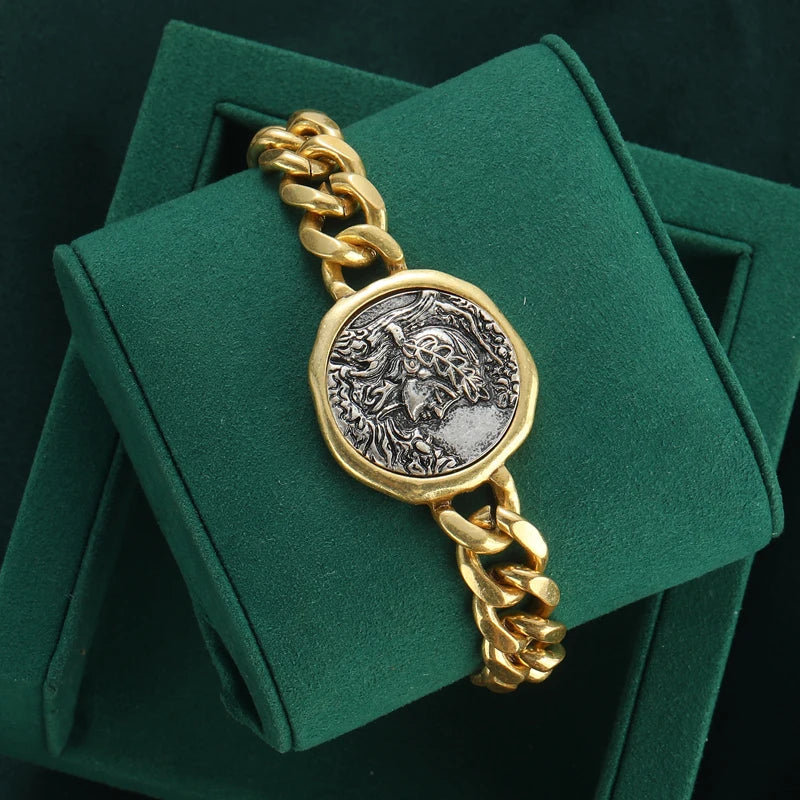 Vintage Cuivre Portrait ancien rond sur pièce Large Chaîne Femme Bracelet