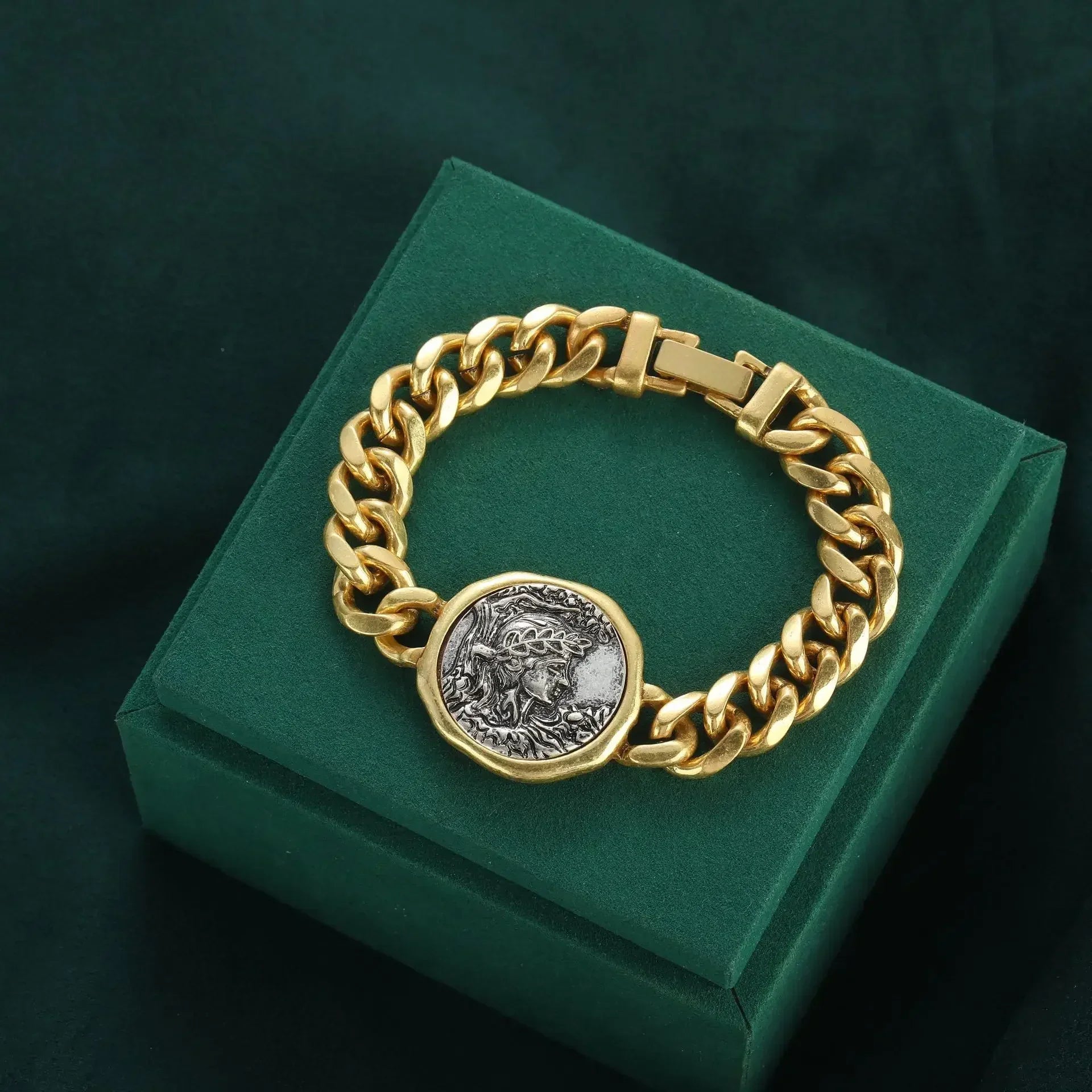 Vintage Cuivre Portrait ancien rond sur pièce Large Chaîne Femme Bracelet