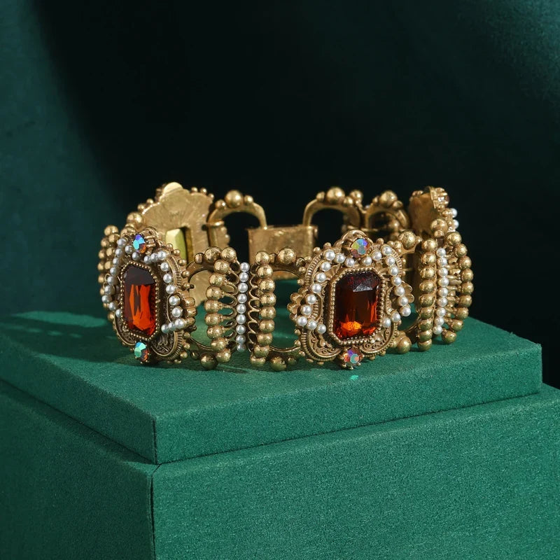 Vintage Strass Rouge Cristal Femme Couleur or Couronne Antique Bracelet