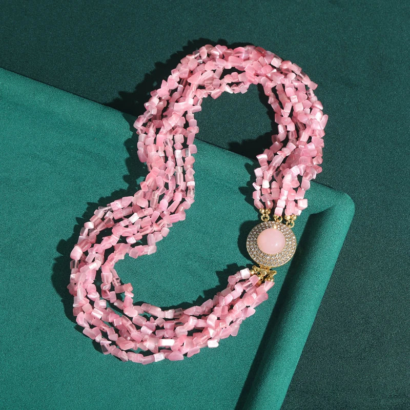 Vintage Femme Twisted Gravel Chaîne Layered Couleur or Rond Rose Quartz mariage Rose Collier
