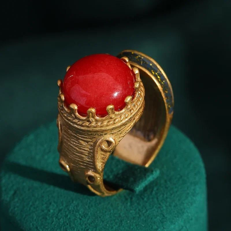 Femme Rouge Rond Pierre naturellele Vintage Couronne Antique Couleur or Bague
