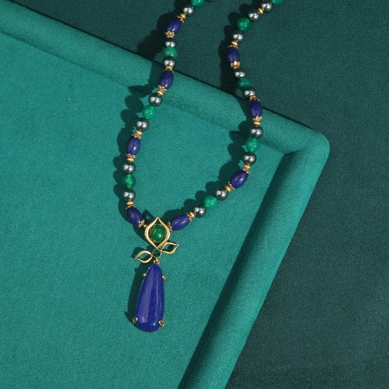 Femme Long Bleu Pierre naturellele Vintage Beaded Chaîne Perle Conception Pendentif Collier